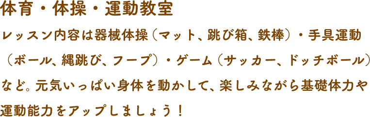 体育・体操・運動教室 レッスン内容は器械体操（マット、跳び箱、鉄棒）・手具運動（ボール、縄跳び、フープ）・ゲーム（サッカー、ドッチボール）など。元気いっぱい身体を動かして、楽しみながら基礎体力や運動能力をアップしましょう！